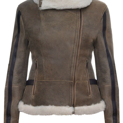 Womens Merino Sheepskin Aviator Leather Jacket-Asmara