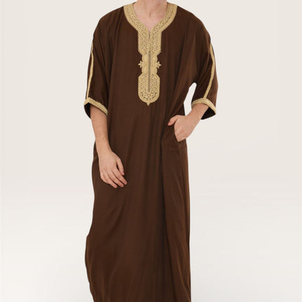 Men's Ramadan Brown Moroccan Thobe Robe Djellaba Gandoura Eid Jubba- HM67