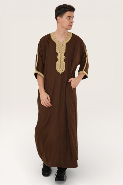 Men's Ramadan Brown Moroccan Thobe Robe Djellaba Gandoura Eid Jubba- HM67
