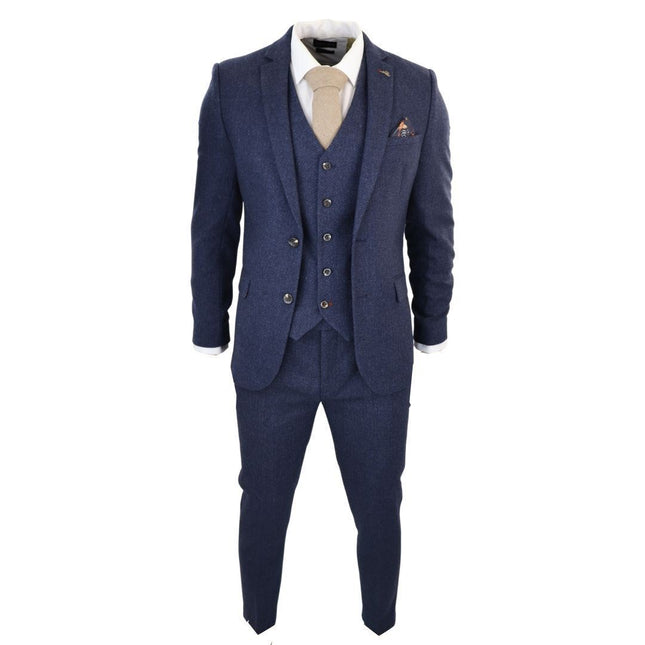 Men's Navy Blue Tweed 3 Piece Wool Suit