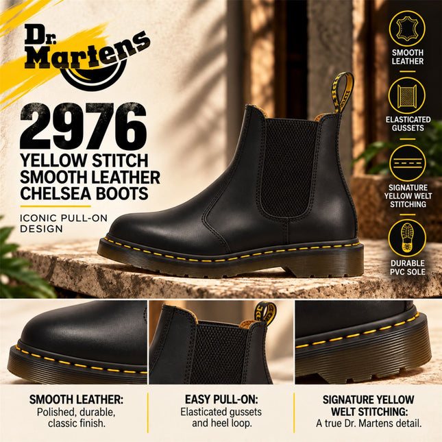 Dr Martens 2976 Yellow Stitch Black Leather Chelsea Boots - 22227001