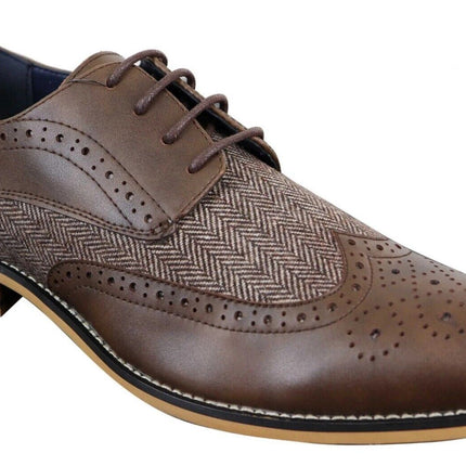 Mens Classic Oxford Tweed Brogue Shoes In Brown Leather