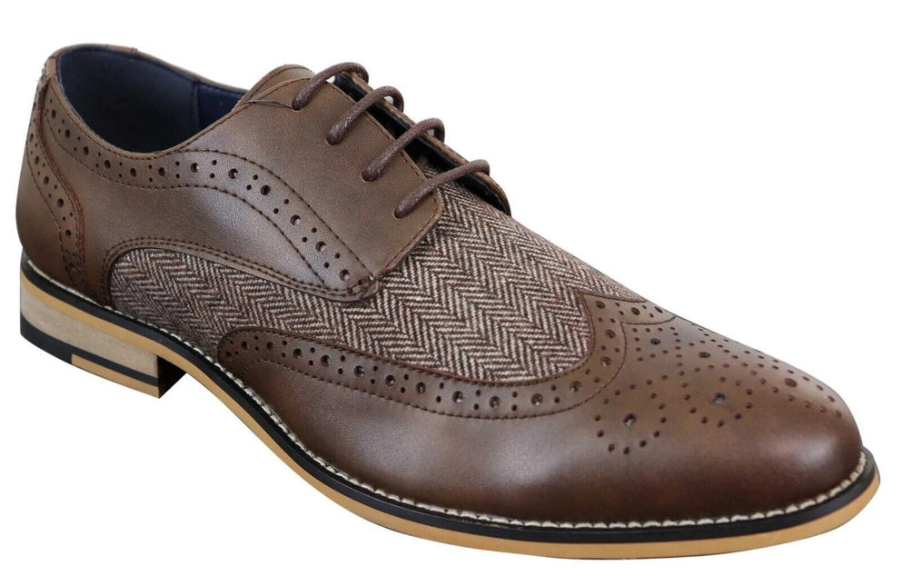 Mens Classic Oxford Tweed Brogue Shoes In Brown Leather