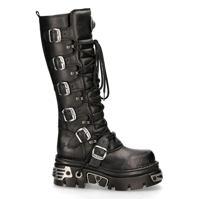 New Rock Knee High Black Leather Gothic Boots - 272-S1