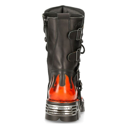 New Rock Flame Accented Black/Red Leather Boots - 591-S1