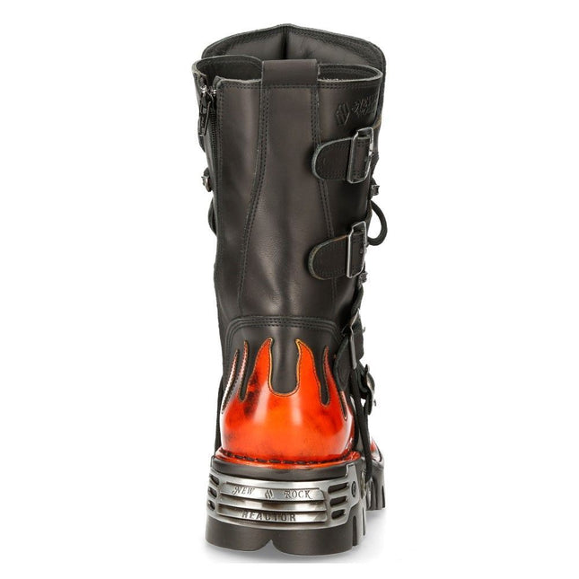 New Rock Flame Accented Black/Red Leather Boots - 591-S1