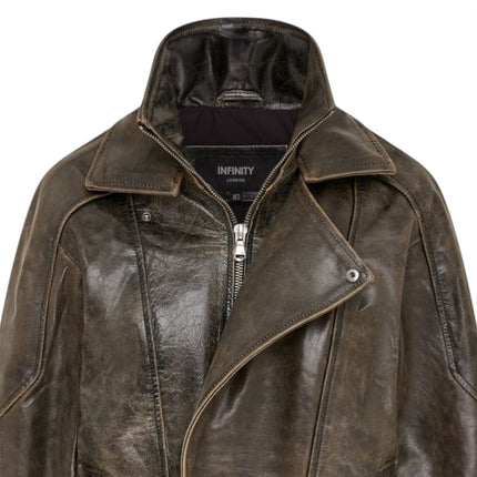 Womens Brown Cow Leather Biker Blouson Oversized Jacket - Big Bomber