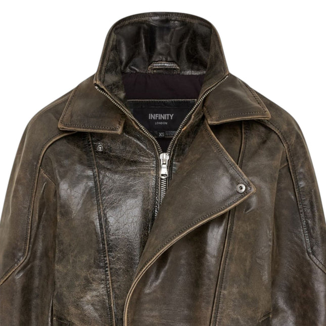 Womens Brown Cow Leather Biker Blouson Oversized Jacket - Big Bomber