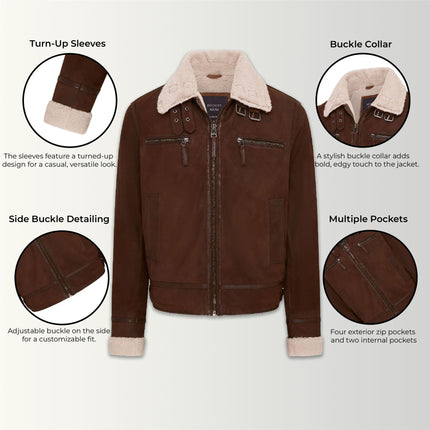 Mens Real Sheep Suede Bomber Jacket Aviator Jacket with Fur Lining