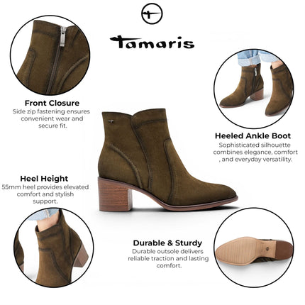 Tamaris Women's Olive Green Suede Leather Heeled Ankle Boots - 25313-47