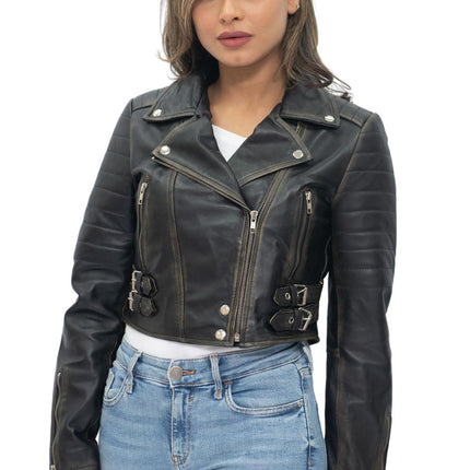 Womens Cropped Brando Leather Biker Jacket-Damascus