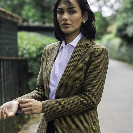 Women's Tailored Brown Dogtooth Wool Blend Tweed Blazer
