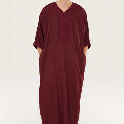 Men's Wine Red Moroccan Thobe Jubba Robe Eid Djellaba Gandoura - HM62