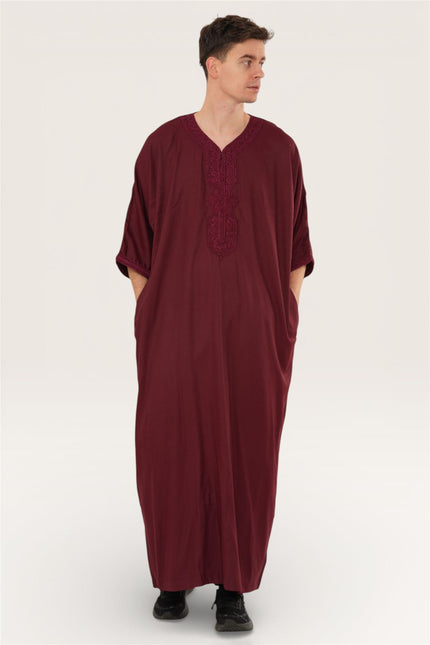 Men's Wine Red Moroccan Thobe Jubba Robe Eid Djellaba Gandoura - HM62
