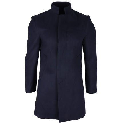 Men's Navy Stand Collar Wool Blend Overcoat
