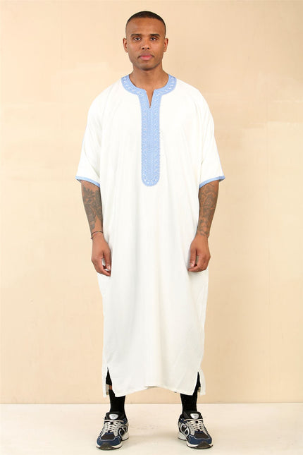 Men's White Moroccan Thobe Djellaba Jubba Robe Eid