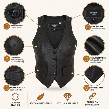 Womens Black Leather Waistcoat Biker Vest - MAM-WC