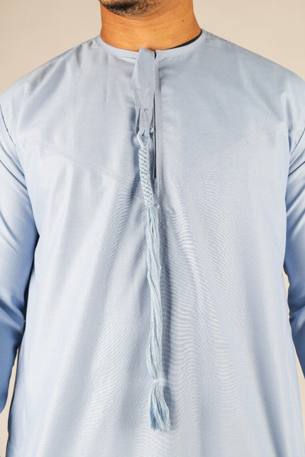 Men's Blue Thobe Emirati Islamic Jubba Robe Eid Tassel Regular Fit