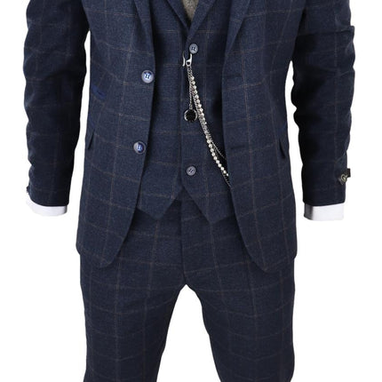 Mens 3 Piece Wool Suit Navy Blue Tweed Check Peaky Blinders 1920 Gatsby Formal