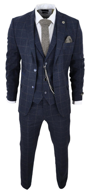 Mens 3 Piece Wool Suit Navy Blue Tweed Check Peaky Blinders 1920 Gatsby Formal