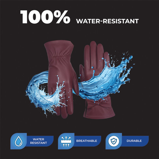 Womens Burgundy Red Italian Leather Winter Bow Design Soft Wool Lining Gloves - L-GLV-401