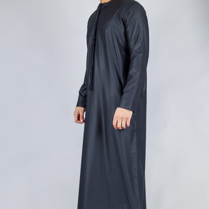 Men's Black Thobe Emirati Islamic Jubba Robe Eid Tassel Slim Fit