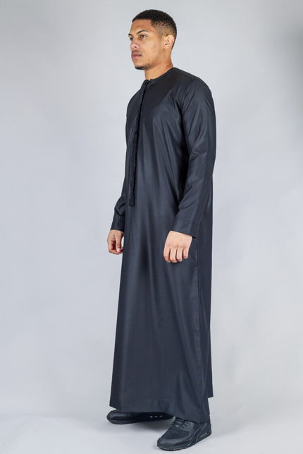 Men's Black Thobe Emirati Islamic Jubba Robe Eid Tassel Slim Fit