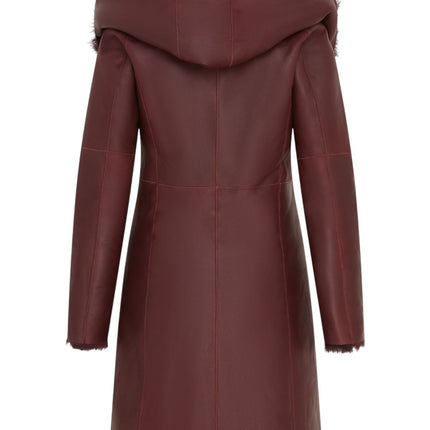 Womens Burgundy Red Toscana Sheepskin Leather Hooded Trench Coat - Coast