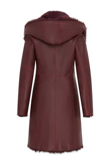Womens Burgundy Red Toscana Sheepskin Leather Hooded Trench Coat - Coast