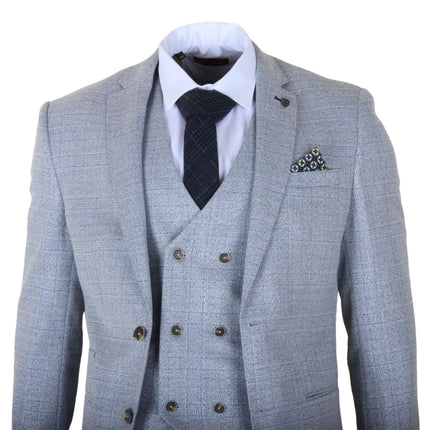 Men's Light Blue Plain Check 3 Piece Slim Fit Formal Wedding Suit