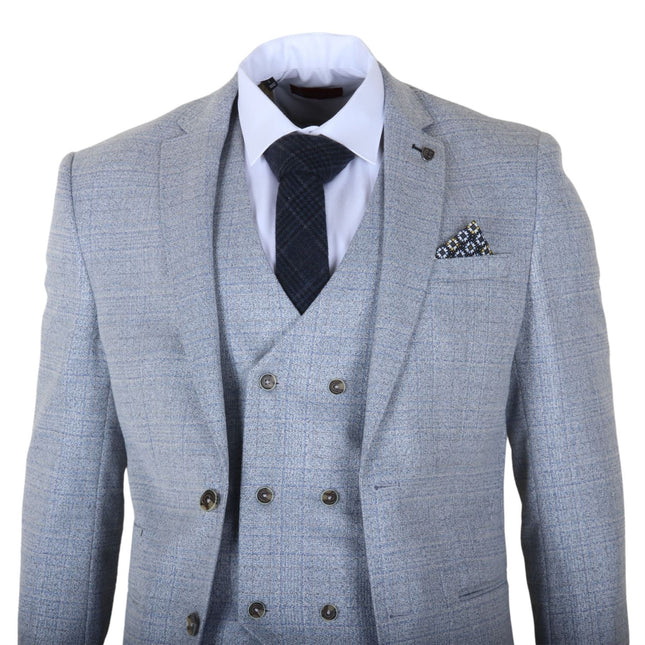 Men's Light Blue Plain Check 3 Piece Slim Fit Formal Wedding Suit