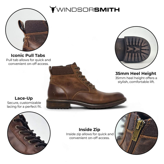 Windsorsmith Mens Brown Leather Casual Chelsea Chukka Ankle Boots - Beau