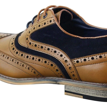 Mens Classic Navy Suede Oxford Brogue Shoes in Tan Leather