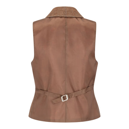 Women's Oak Brown Tailored Fit Tweed Waistcoat in Herringbone Check