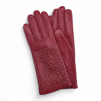 Womens Red Italian Leather Winter Studded Design Soft Wool Lining Gloves - L-GLV-601