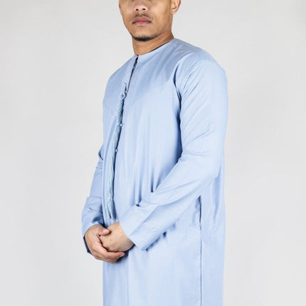 Men's Blue Thobe Emirati Islamic Jubba Robe Eid Tassel Regular Fit