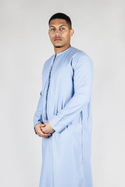 Men's Blue Thobe Emirati Islamic Jubba Robe Eid Tassel Regular Fit