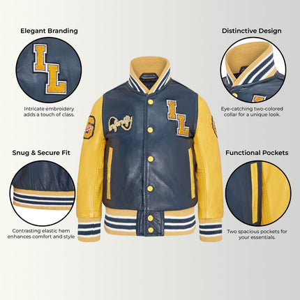 Kids Blue Letterman Leather Varsity College Bomber Jacket