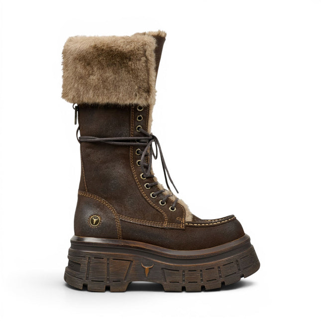 Windsorsmith Women's Brown Suede Leather Platform Combat Fur Boots - Saintly