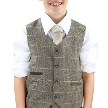 Boys 3 Piece Tan Brown Herringbone Tweed Check Classic  Suit