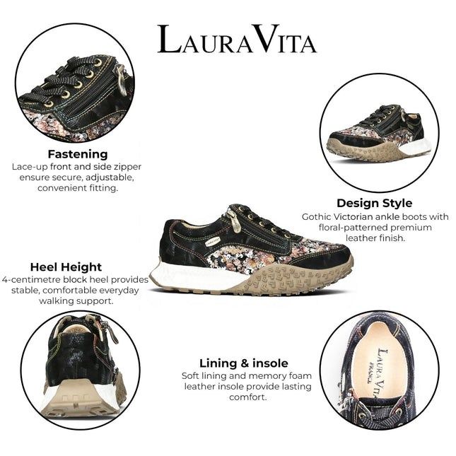 Laura Vita Women's Floral Black Leather Trainer Sneaker Shoes - Evitao-03