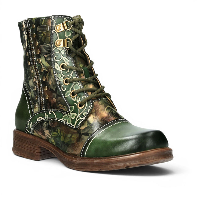 Laura Vita Women's Green Floral Victorian Leather Lace-up Ankle Boots - Anitao - 11