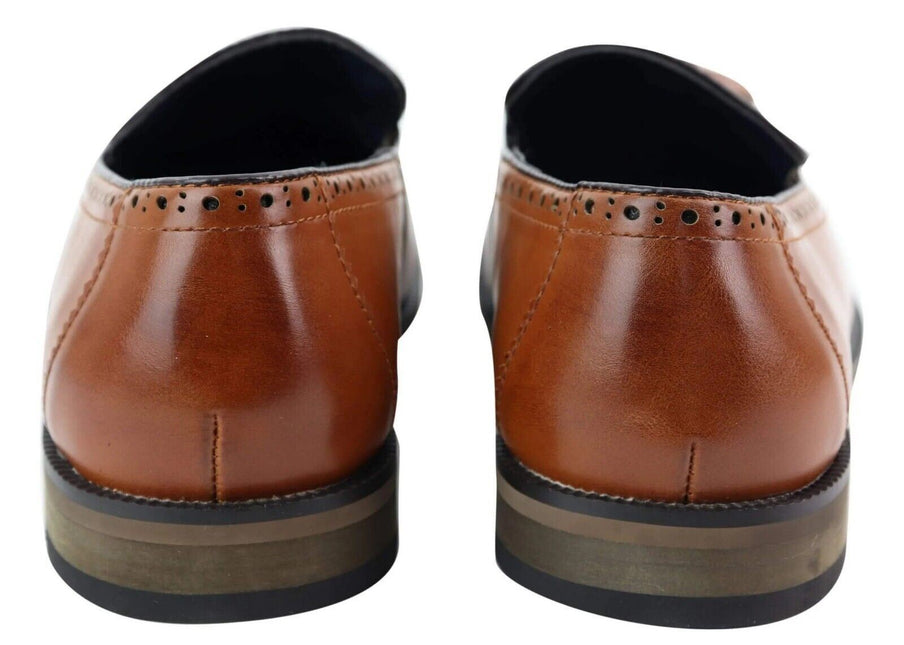 Mens Tasselled Tan Leather Tweed Slip On Loafers