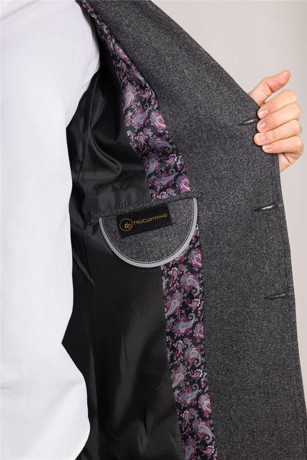 Men's Notched Lapel Collar Wool Blend Grey Overcoat