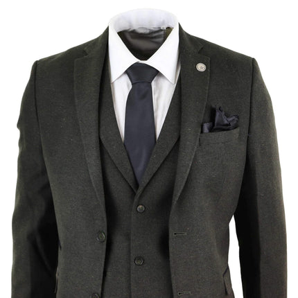 Mens 3 Piece Olive Green Wool Tweed Vintage Retro Suit
