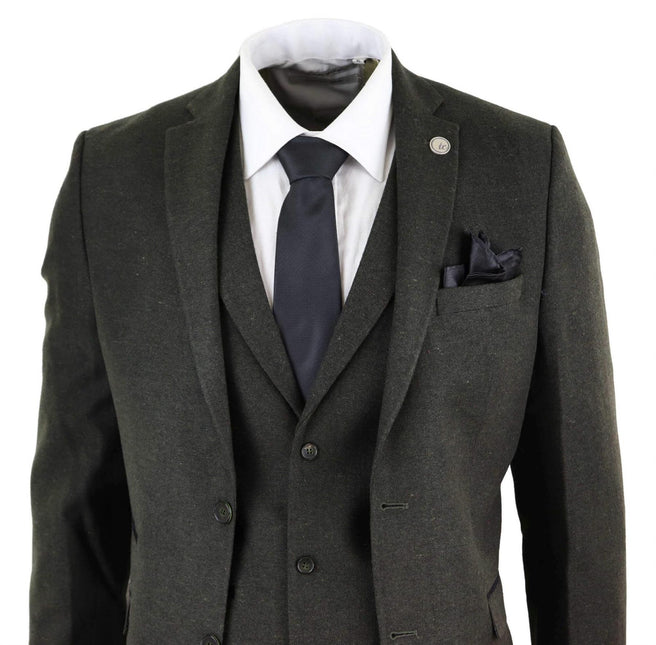 Mens 3 Piece Olive Green Wool Tweed Vintage Retro Suit