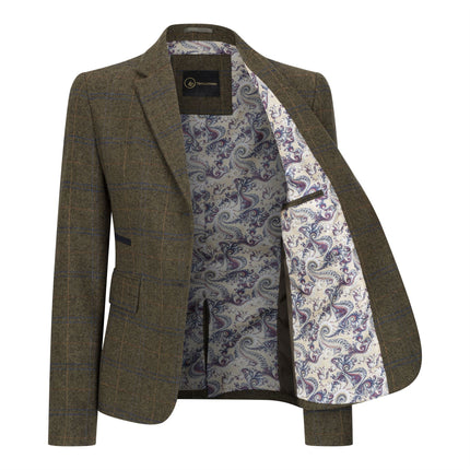 Women's Olive Tailored Fit Tweed Blazer in Herringbone Check