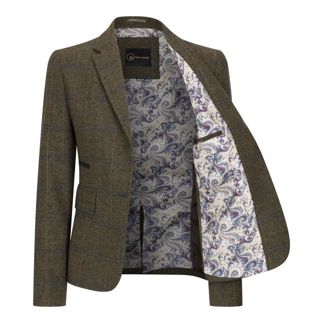 Women's Olive Tailored Fit Tweed Blazer in Herringbone Check