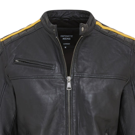 Men's Classic Quilted Black Yellow Leather Biker Jacket - Meridian