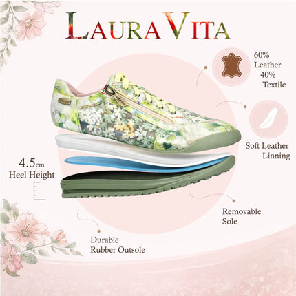 Laura Vita Women's Tivanao-05 Yellow Floral Leather Trainers Zip Sneaker Shoes